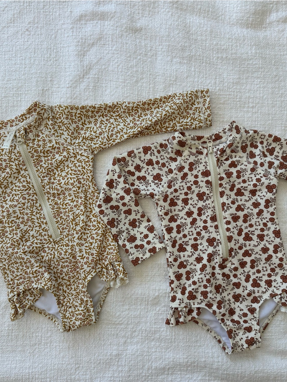 Rylee + Cru Cream and Brown Floral Long-Sleeve One-Piece Swim Set